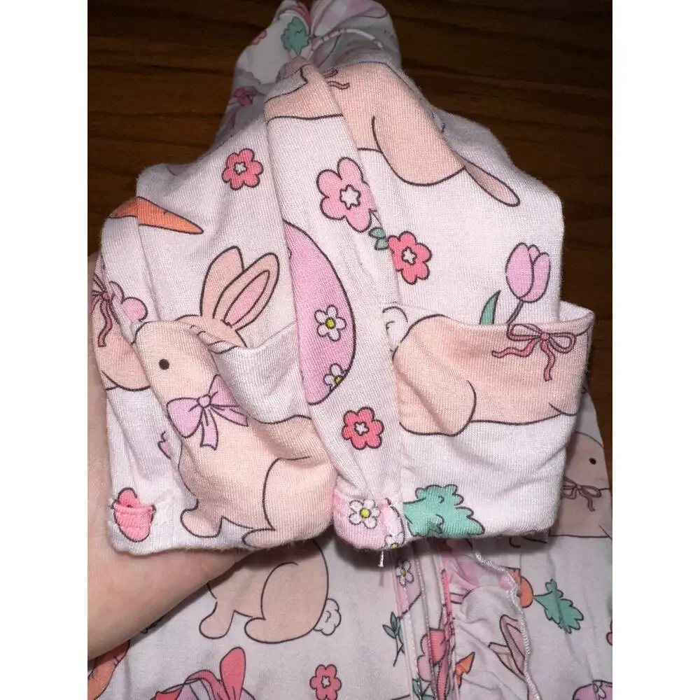Caden Lane Hoppy Spring Easter Bunny Carrot Egg Ruffle Bamboo Zipper Footie 0-3M